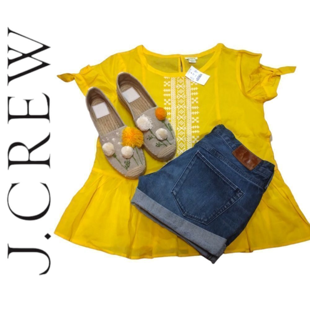 J.CREW GAUZY LIGHTWEIGHT BREEZY  BRIGHT YELLOW EMBROIDERED BLOUSE W ARM TIES